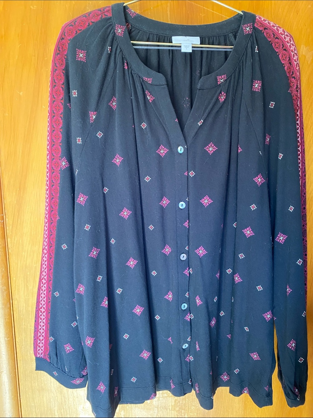 J. Jill Black Boho Top with Pink Embroidery